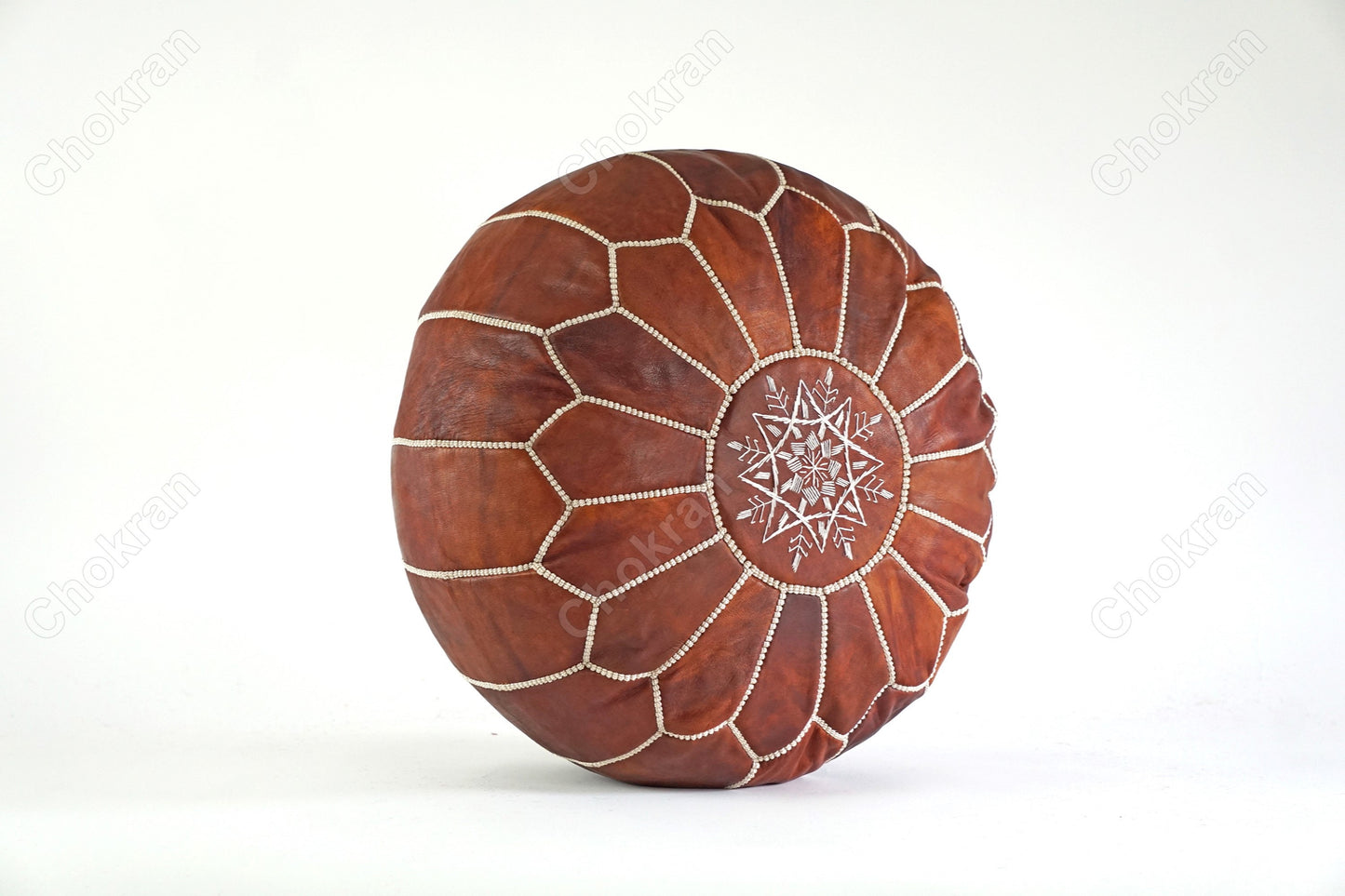 Moroccan leather pouf, round leather ottoman, handmade leather pouf, Moroccan genuine leather footstool- Dark brown -UNSTUFFED