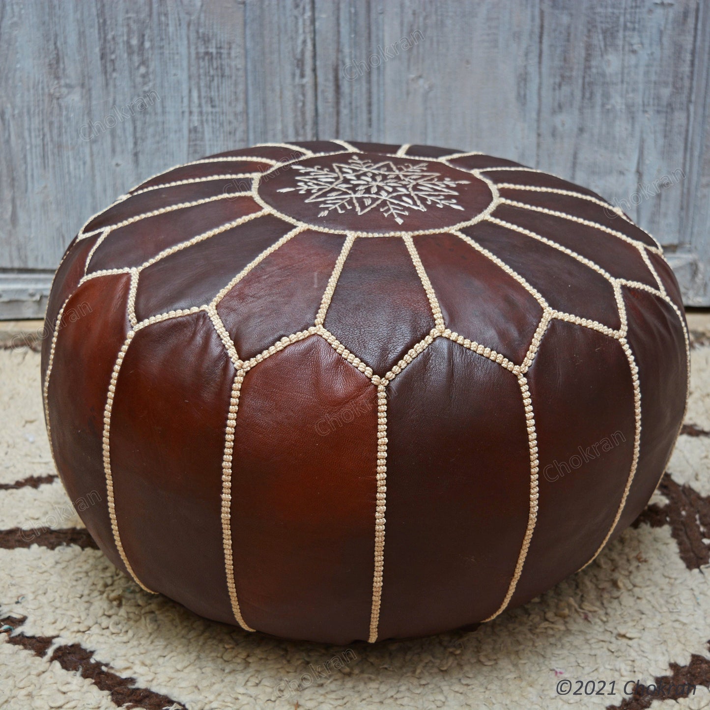 Dark brown Moroccan leather pouf, round leather ottoman, handmade leather pouf, Moroccan genuine leather footstool-UNSTUFFED