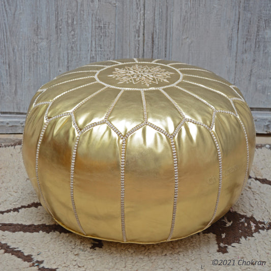 Gold Moroccan leather pouf, round leather ottoman, handmade leather pouf, Moroccan genuine leather footstool-UNSTUFFED