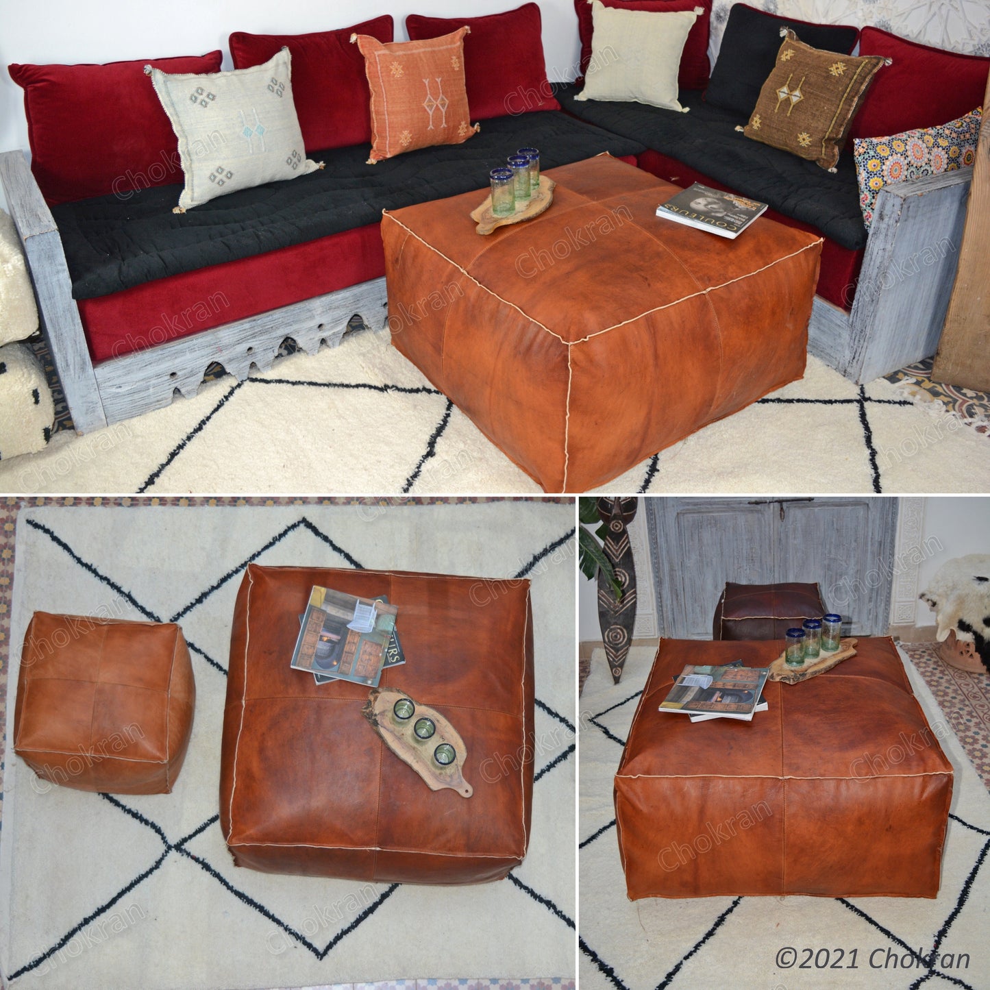 Large Square Pouf, Square leather ottoman, Large leather pouf, Moroccan genuine leather footstool-UNSTUFFED