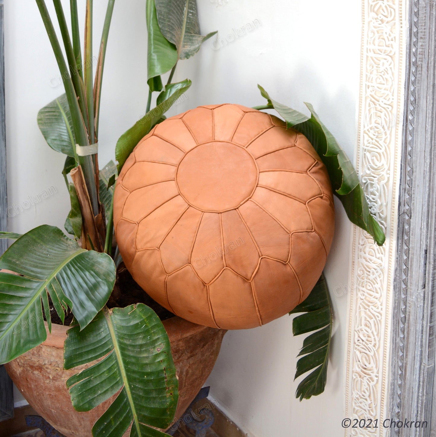 Gorgeous Moroccan leather pouf, round leather ottoman, handmade leather pouf, Moroccan genuine leather footstool-UNSTUFFED