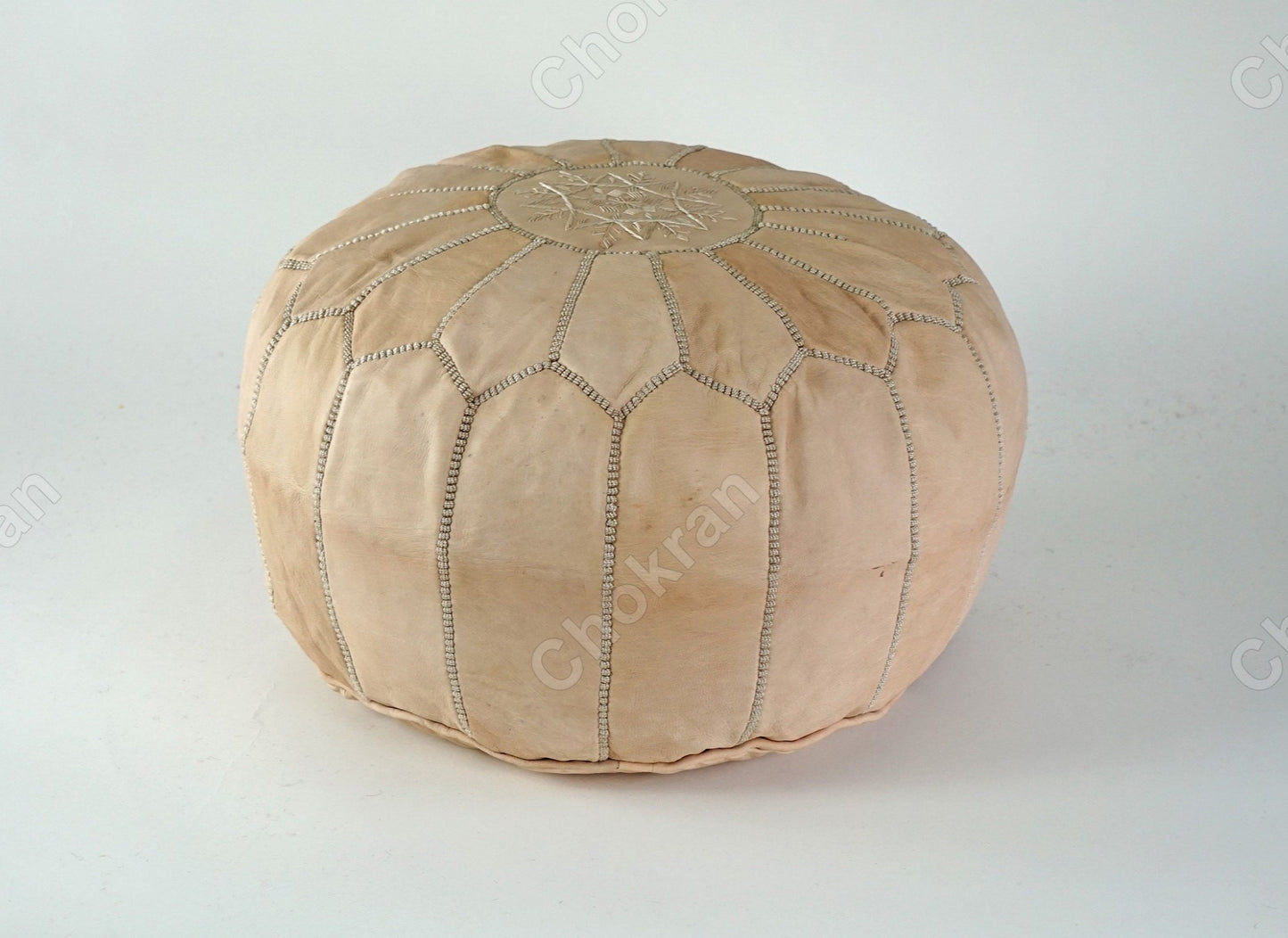 Moroccan leather pouf, round leather ottoman, handmade leather pouf, Moroccan genuine leather footstool- Natural Tan color -UNSTUFFED