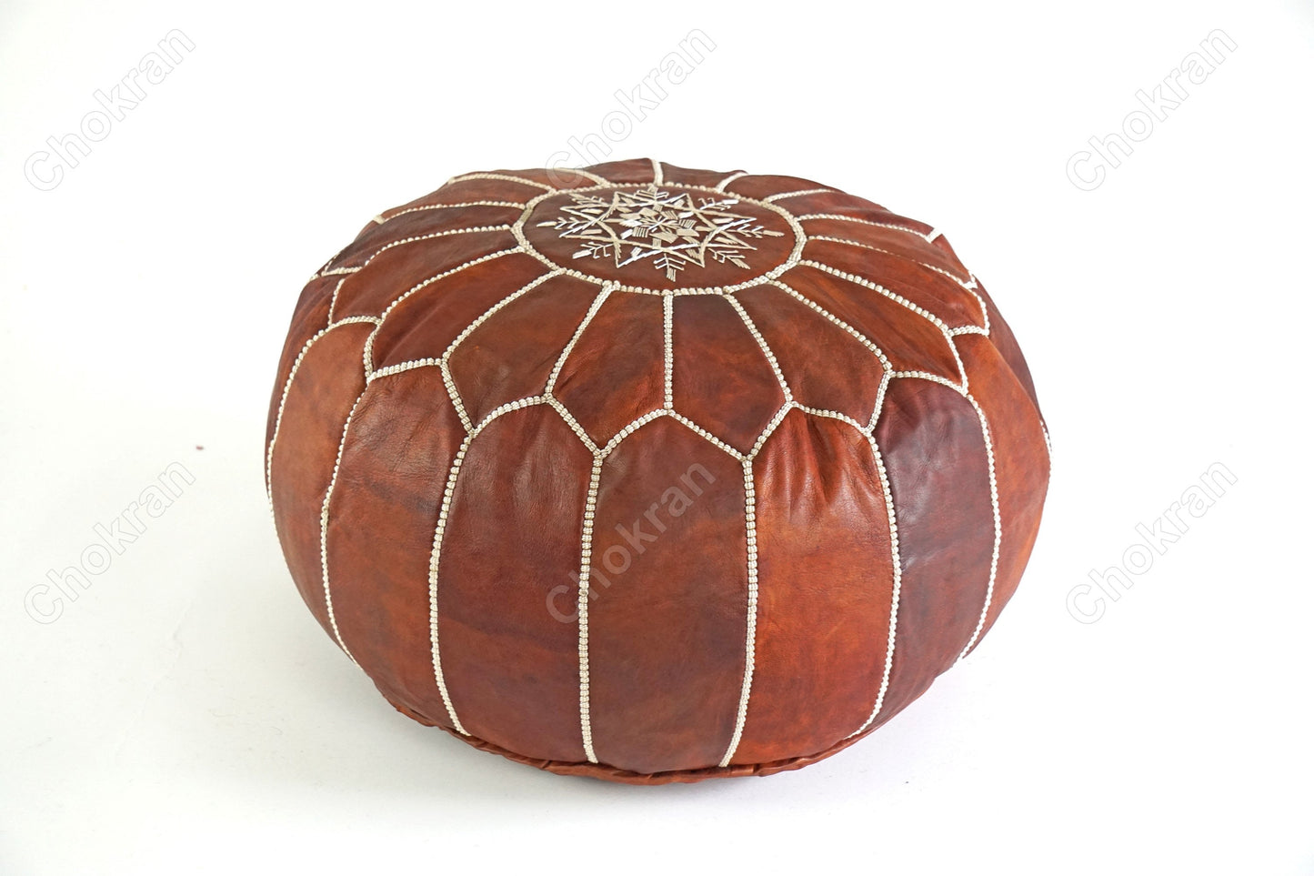 Gorgeous selection of Moroccan leather pouf, round leather ottoman, Moroccan genuine leather footstool- Dark brown -UNSTUFFED