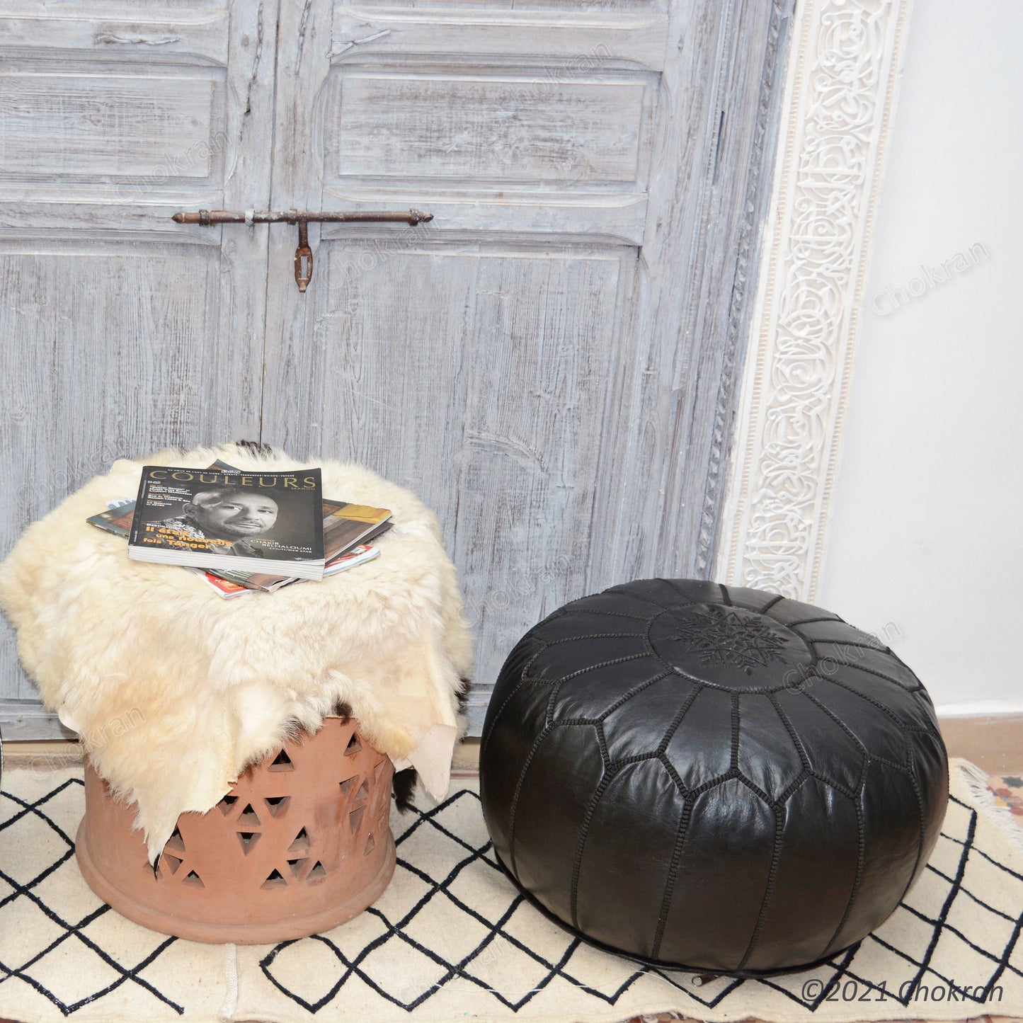 Full black Moroccan leather pouf, round leather ottoman, handmade leather pouf, Moroccan genuine leather footstool-UNSTUFFED