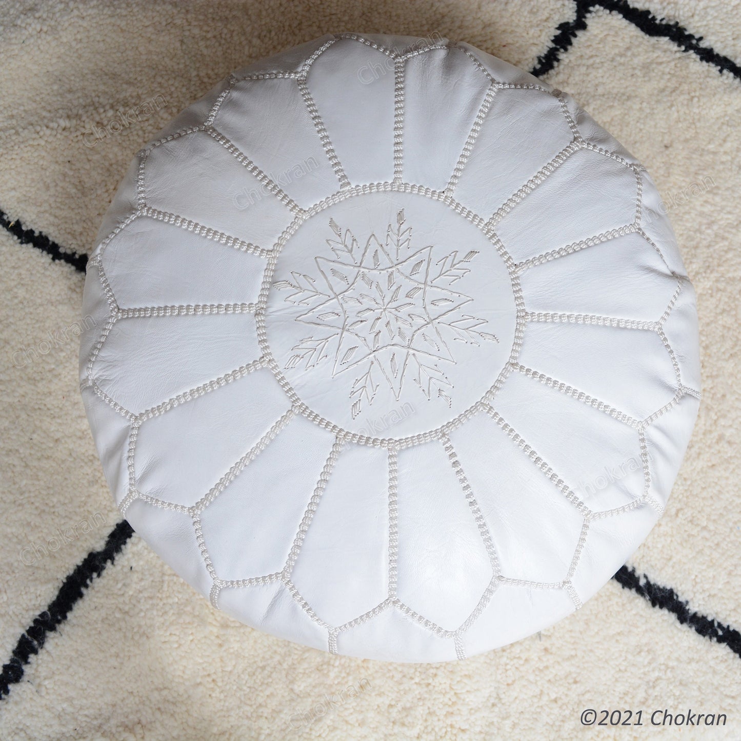 Full White Moroccan leather pouf, round leather ottoman, handmade leather pouf, Moroccan genuine leather footstool-UNSTUFFED