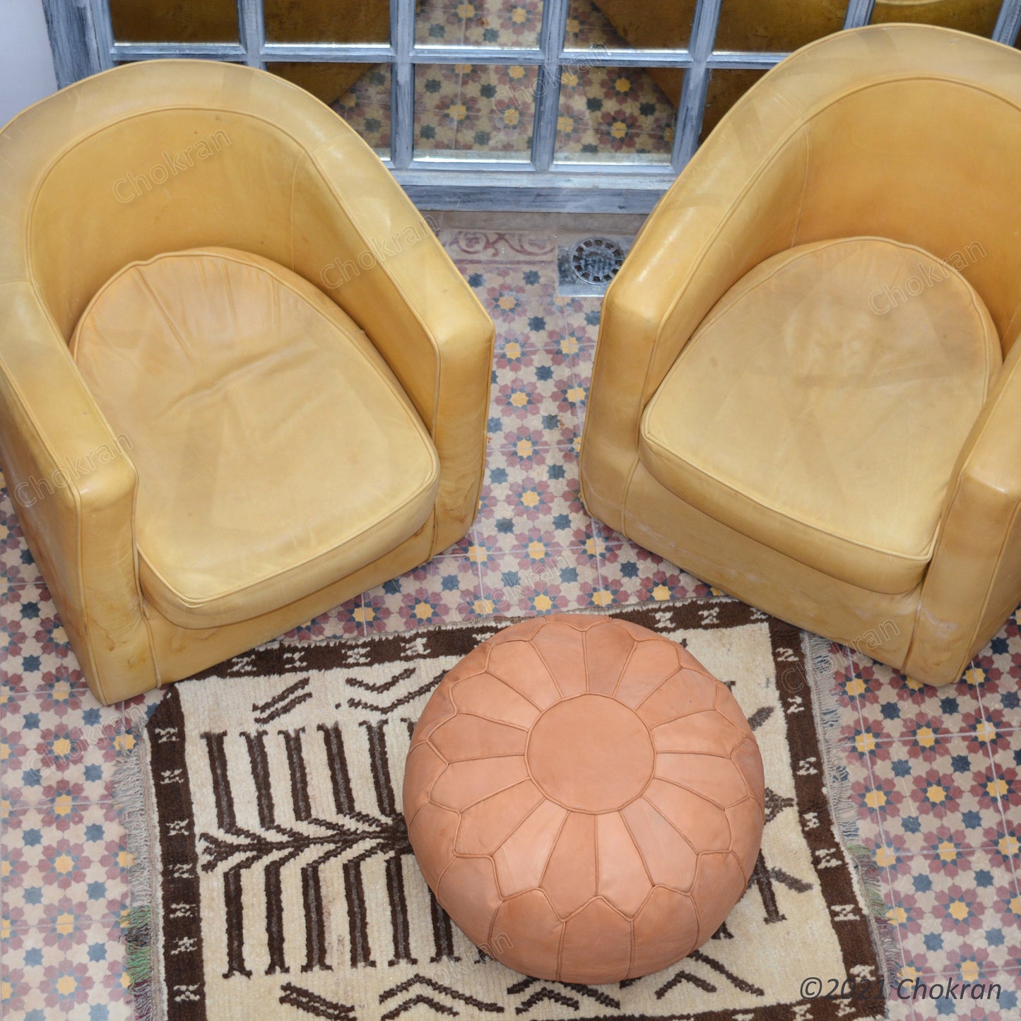Gorgeous Moroccan leather pouf, round leather ottoman, handmade leather pouf, Moroccan genuine leather footstool-UNSTUFFED
