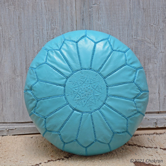 turquoise leather pouf, round leather ottoman, handmade leather pouf, Moroccan genuine leather footstool-UNSTUFFED