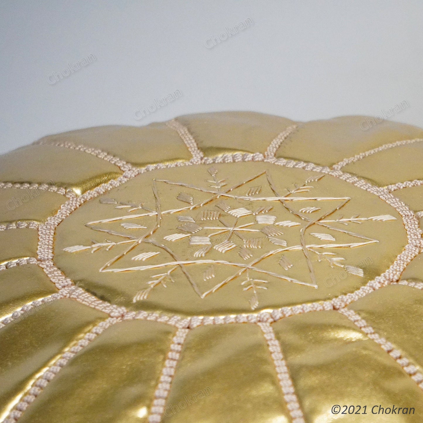 Gold Moroccan leather pouf, round leather ottoman, handmade leather pouf, Moroccan genuine leather footstool-UNSTUFFED