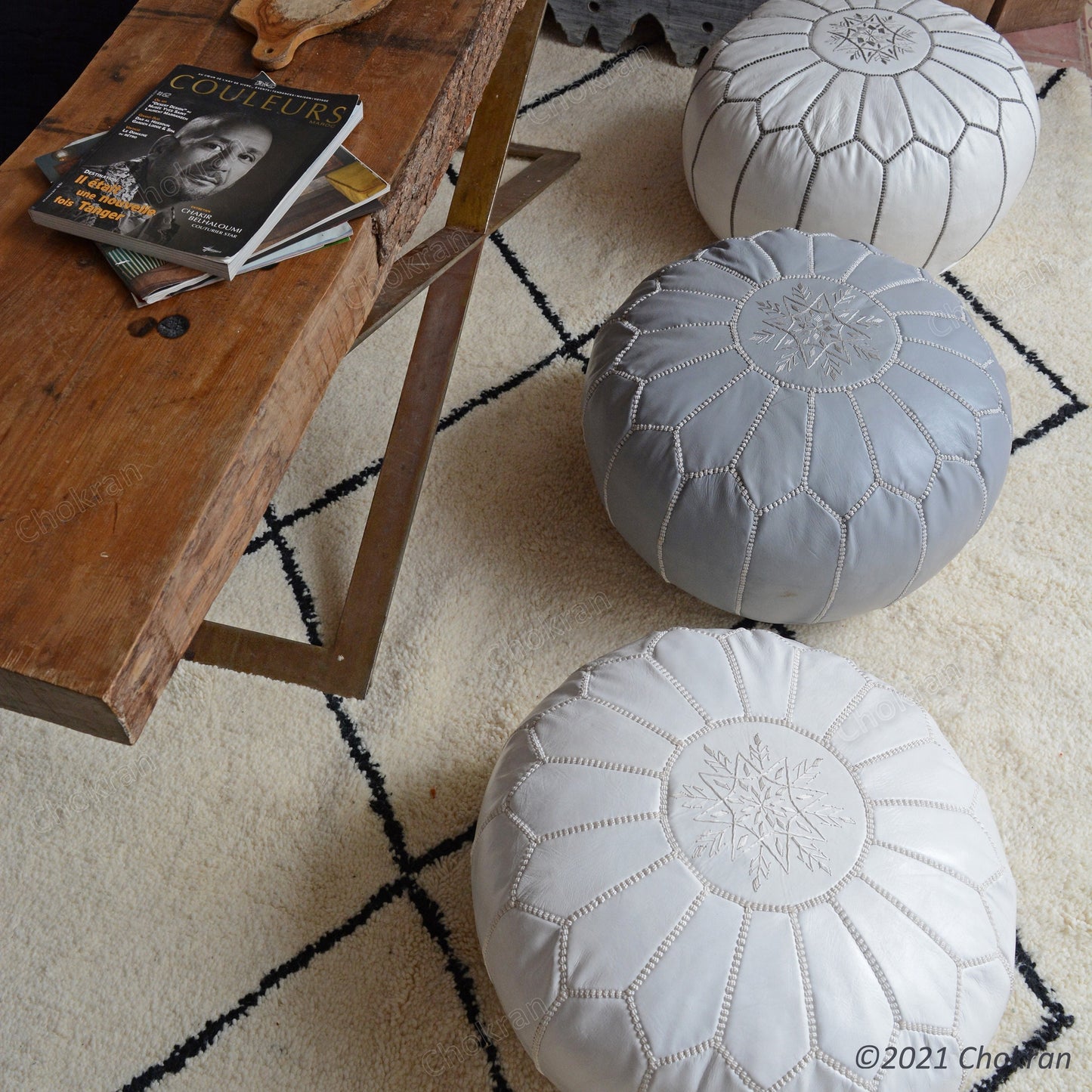 Full White Moroccan leather pouf, round leather ottoman, handmade leather pouf, Moroccan genuine leather footstool-UNSTUFFED