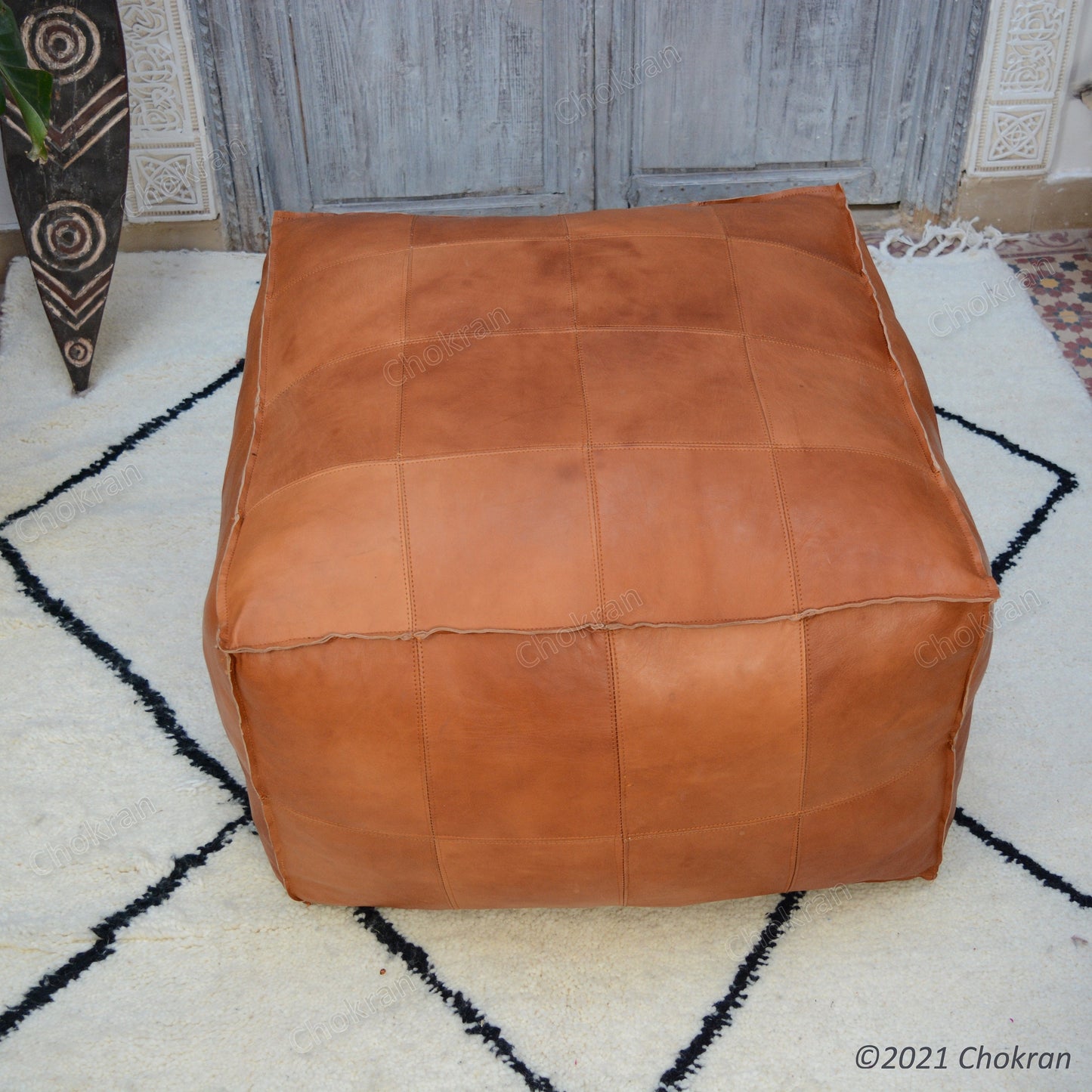 Large Square Pouf, Square leather ottoman, Large leather pouf, Moroccan genuine leather footstool-UNSTUFFED