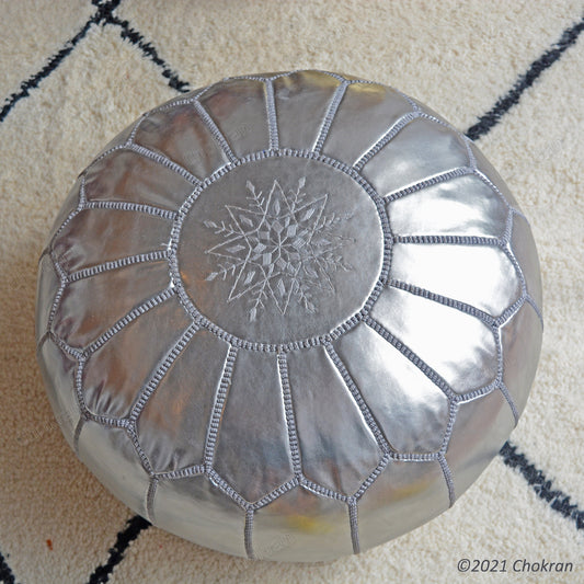 Silver leather pouf, round leather ottoman, handmade leather pouf, Moroccan genuine leather footstool-UNSTUFFED