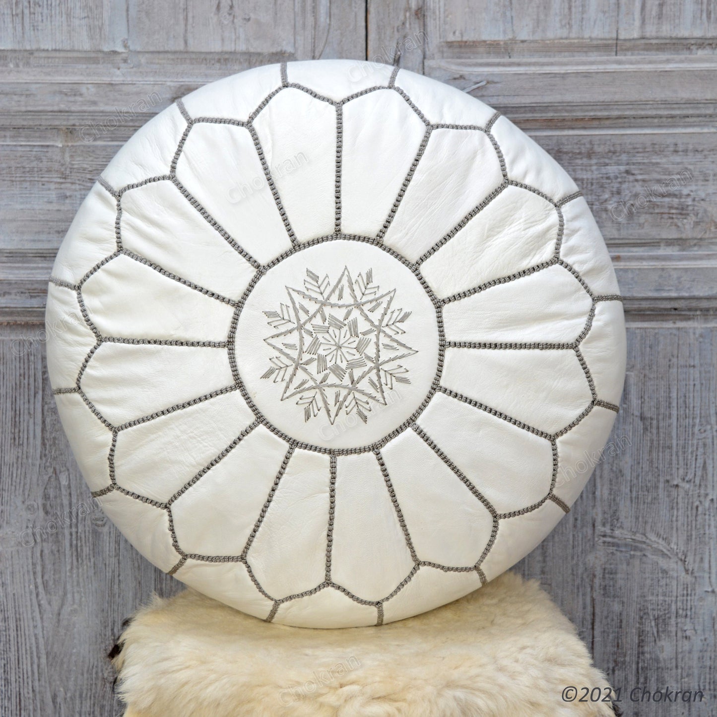 White and Grey leather pouf, round leather ottoman, handmade leather pouf, Moroccan genuine leather footstool-UNSTUFFED