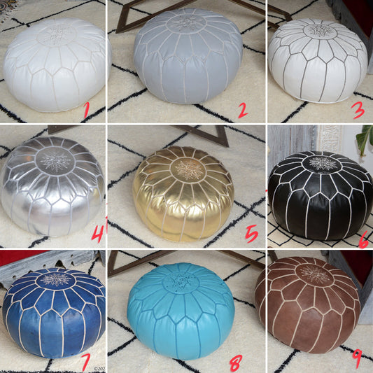 Moroccan leather pouf, Round leather ottoman, Moroccan genuine leather footstool- All Colors -UNSTUFFED