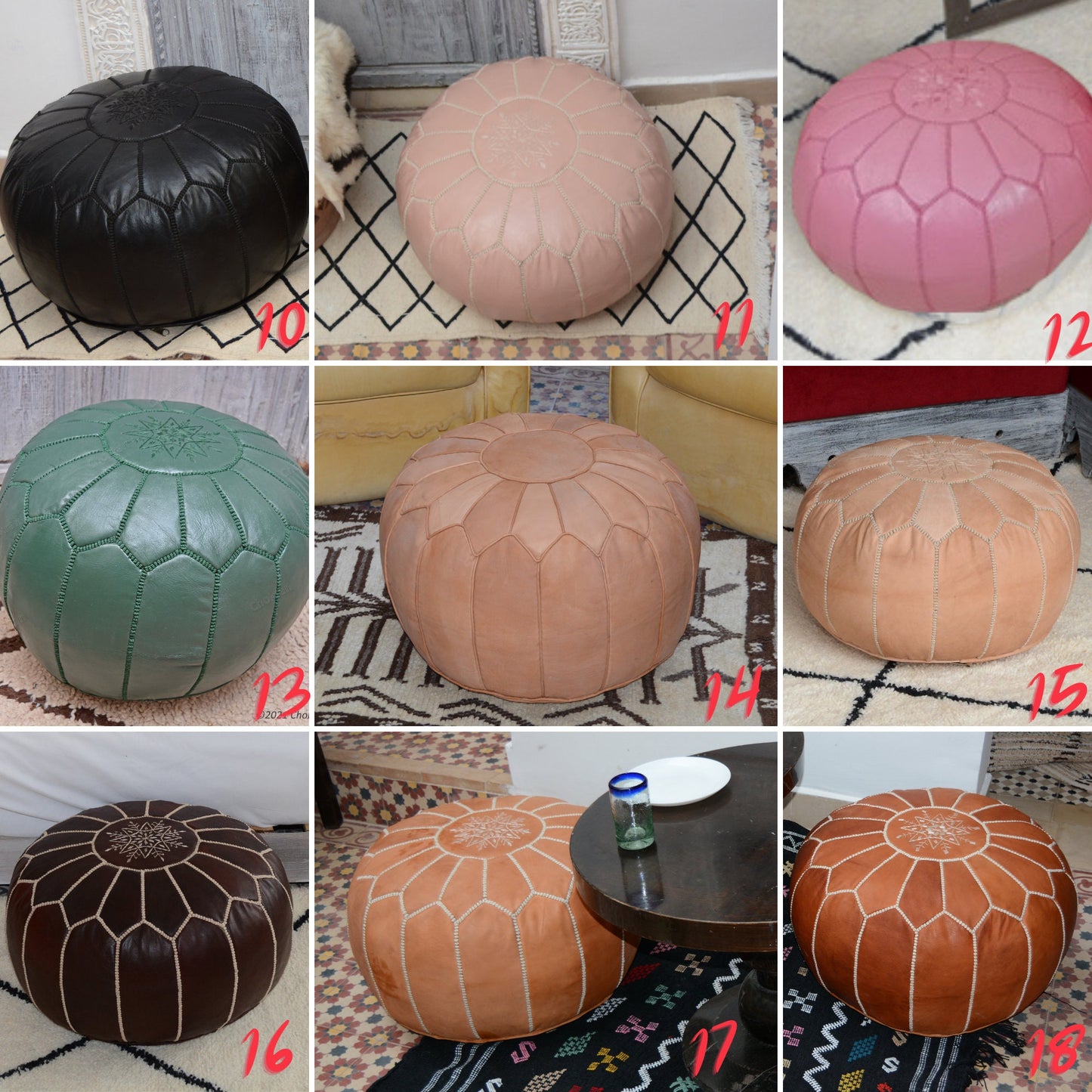 Moroccan leather pouf, Round leather ottoman, Moroccan genuine leather footstool- All Colors -UNSTUFFED
